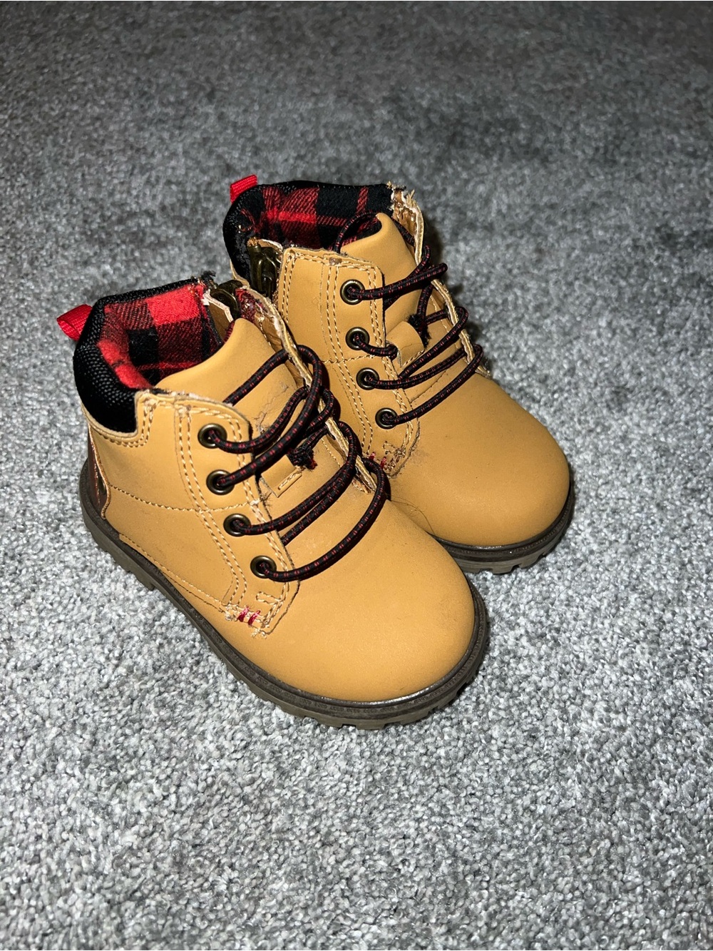 Kids Tan Lace-Up Outdoor Boots with Plaid Lining